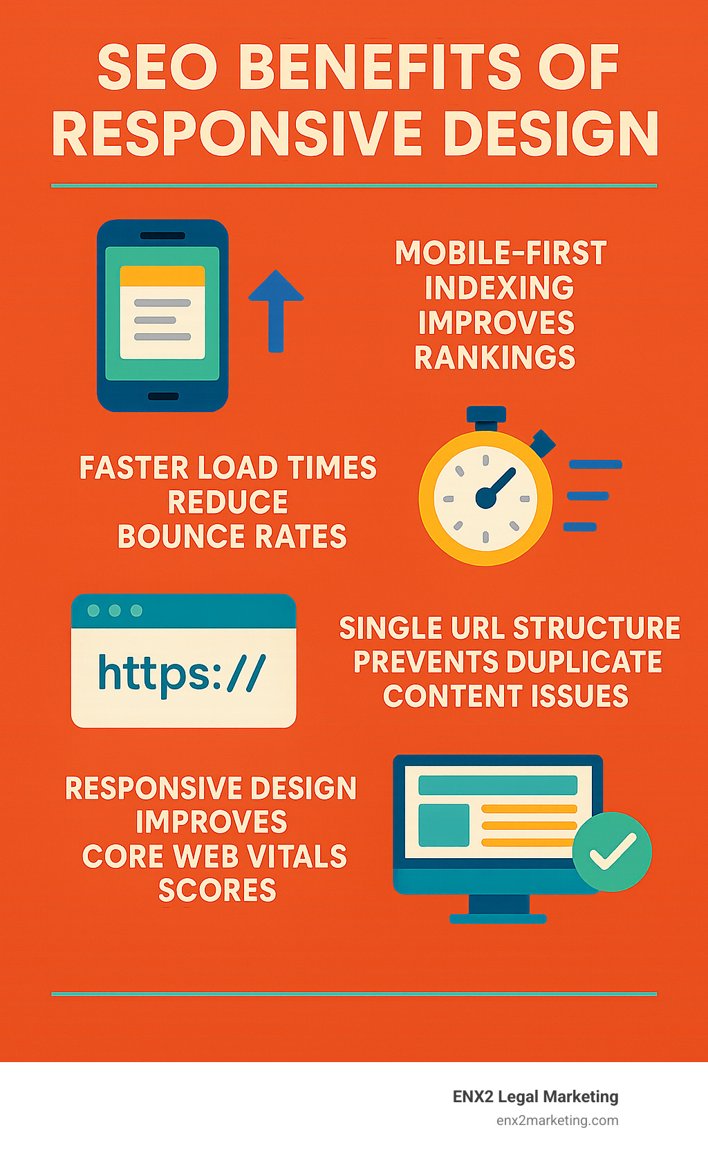 Infographic showing SEO benefits of responsive design: Mobile-first indexing improves rankings, faster load times reduce bounce rates, single URL structure prevents duplicate content issues, and responsive design improves Core Web Vitals scores - responsive web design for law firms infographic 