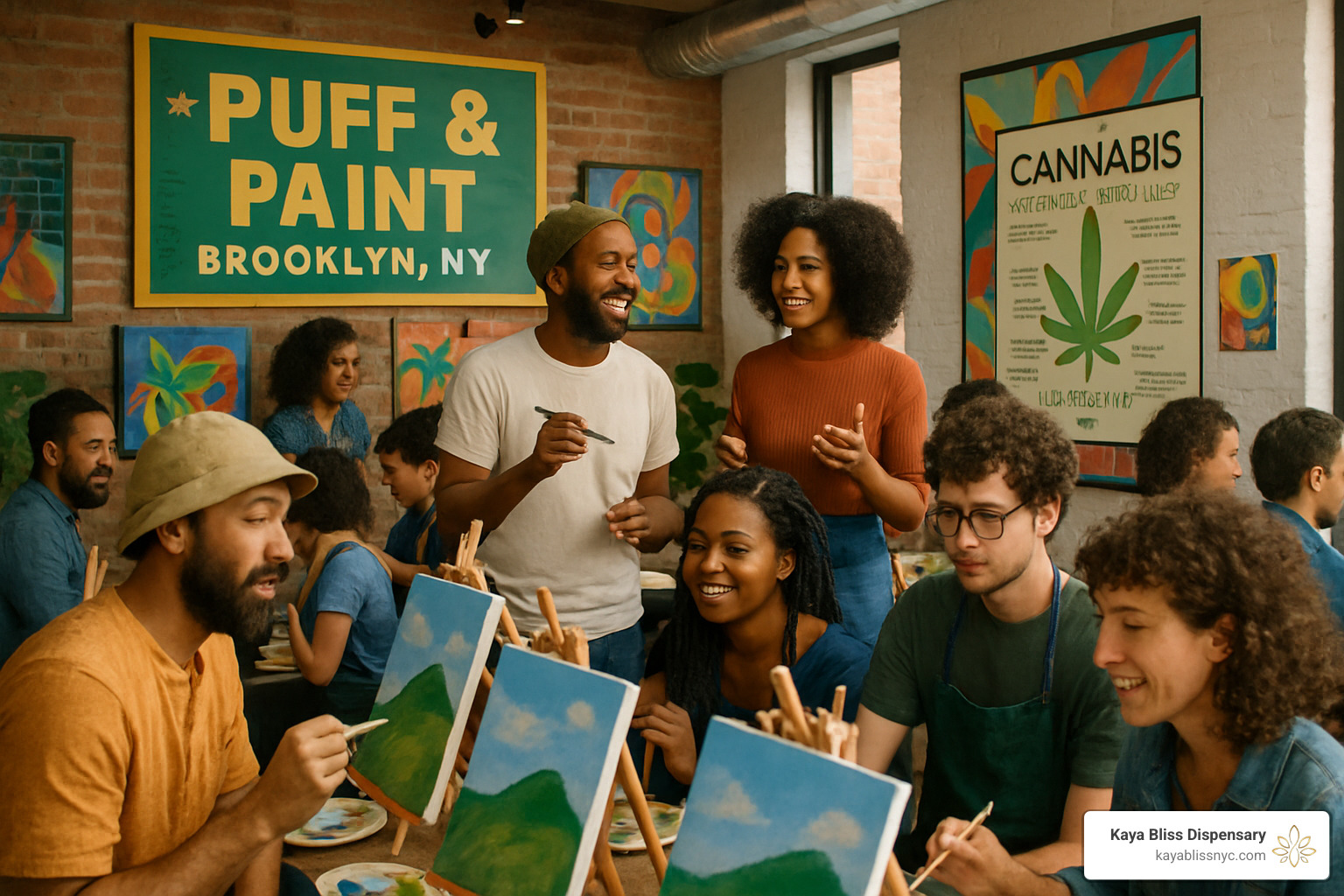 Crowd at a "Puff & Paint" community event featuring local Brooklyn artists and cannabis education - Art gallery dispensary
