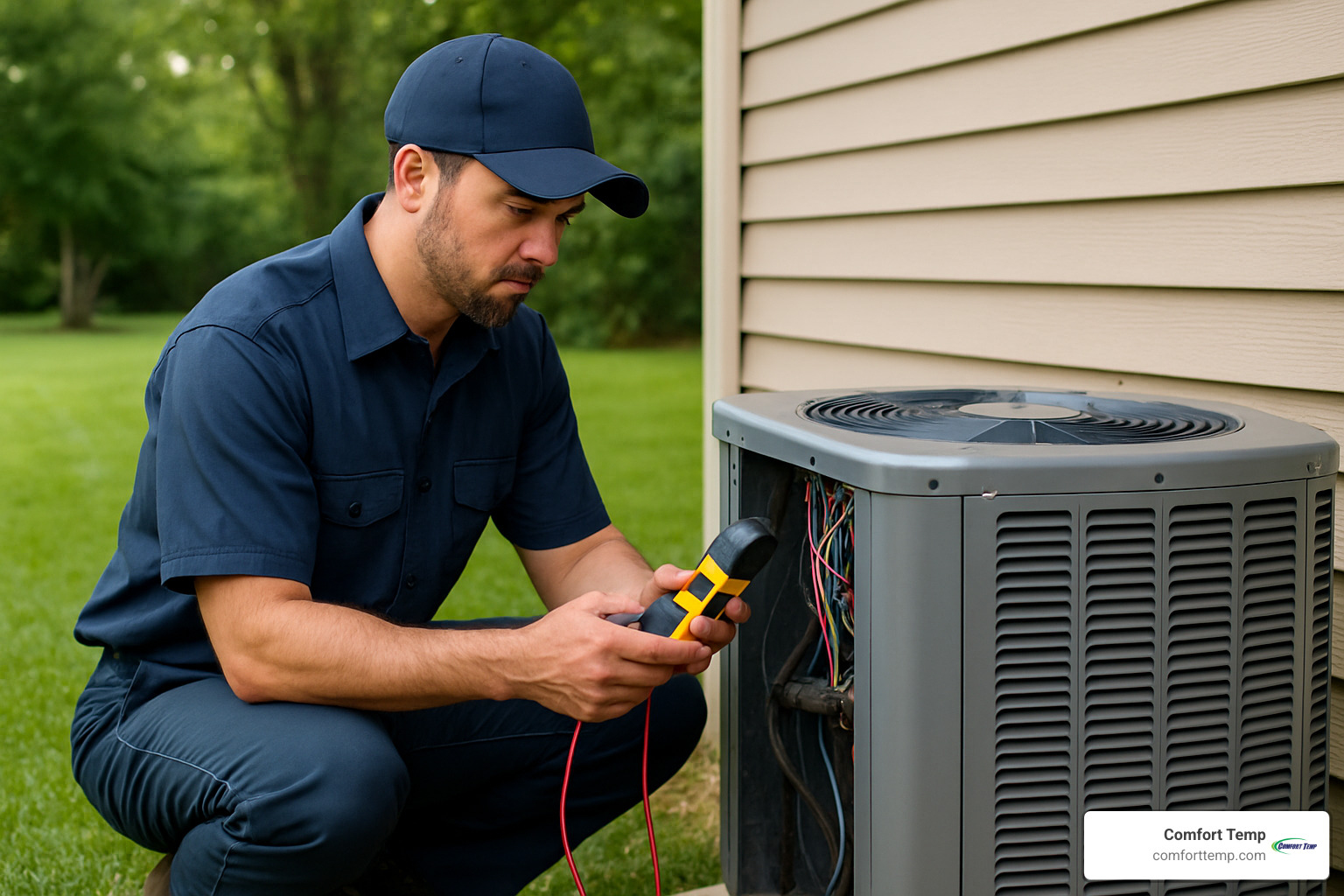 HVAC technician inspecting outdoor AC unit - gainesville fl hvac
