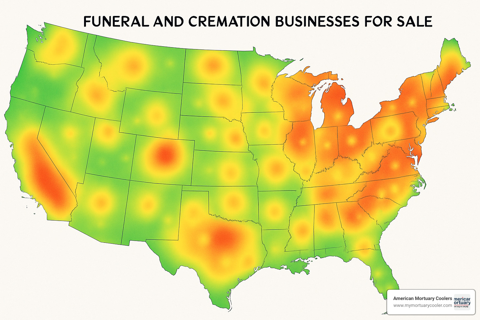 regional funeral business map showing concentration of opportunities across different U.S. regions - cremation business for sale