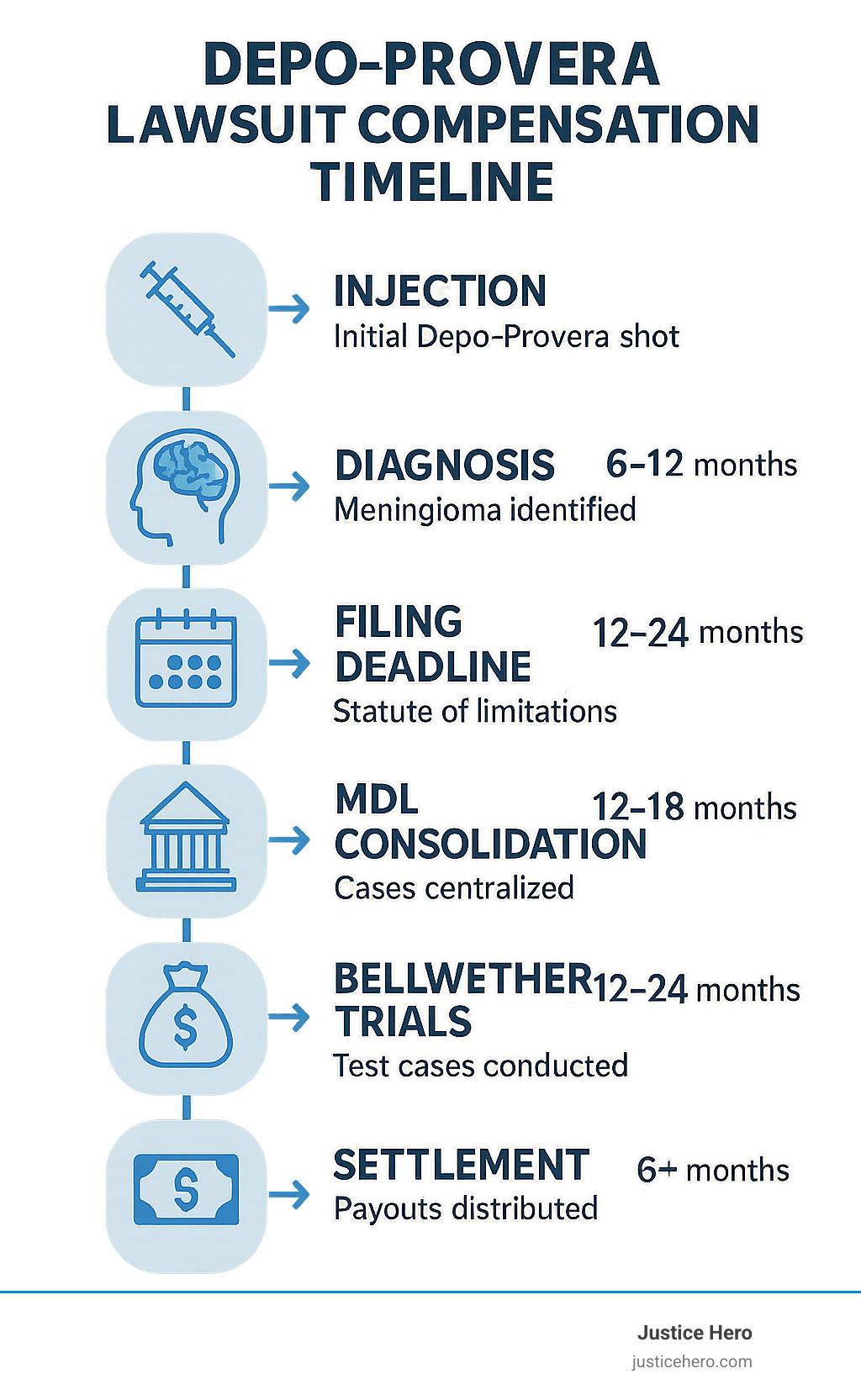 Comprehensive infographic showing Depo Provera lawsuit compensation timeline from initial injection through final settlement, including key milestones like diagnosis, filing deadlines, MDL consolidation, bellwether trials, and payout distribution phases with estimated timeframes for each stage - Depo Provera lawsuit compensation infographic 