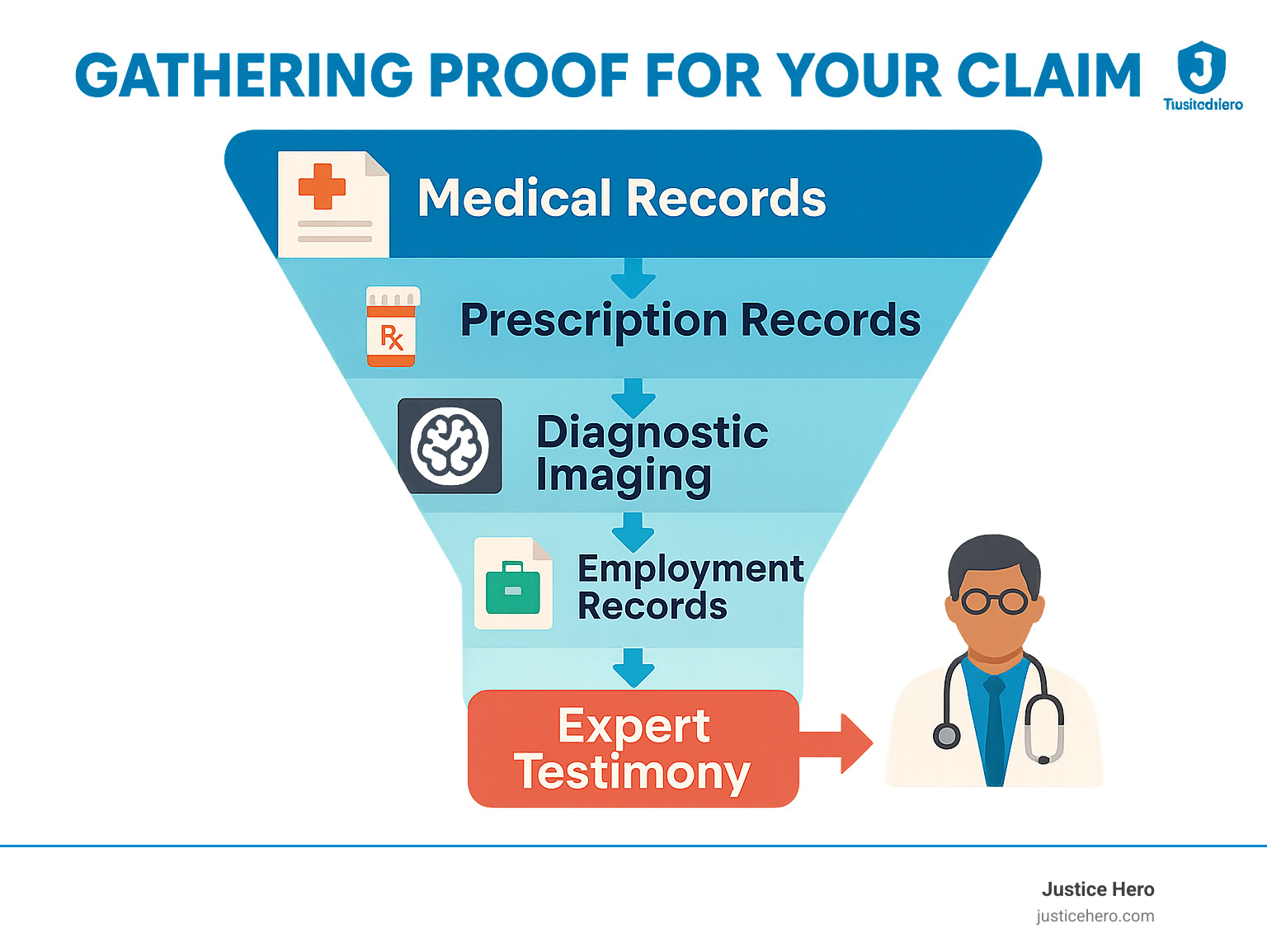Infographic showing evidence gathering funnel from initial medical records at the top, flowing down through prescription logs, diagnostic imaging, employment records, symptom journals, and expert testimony, with arrows indicating how each type of evidence strengthens the overall case - Depo Provera lawsuit compensation infographic 