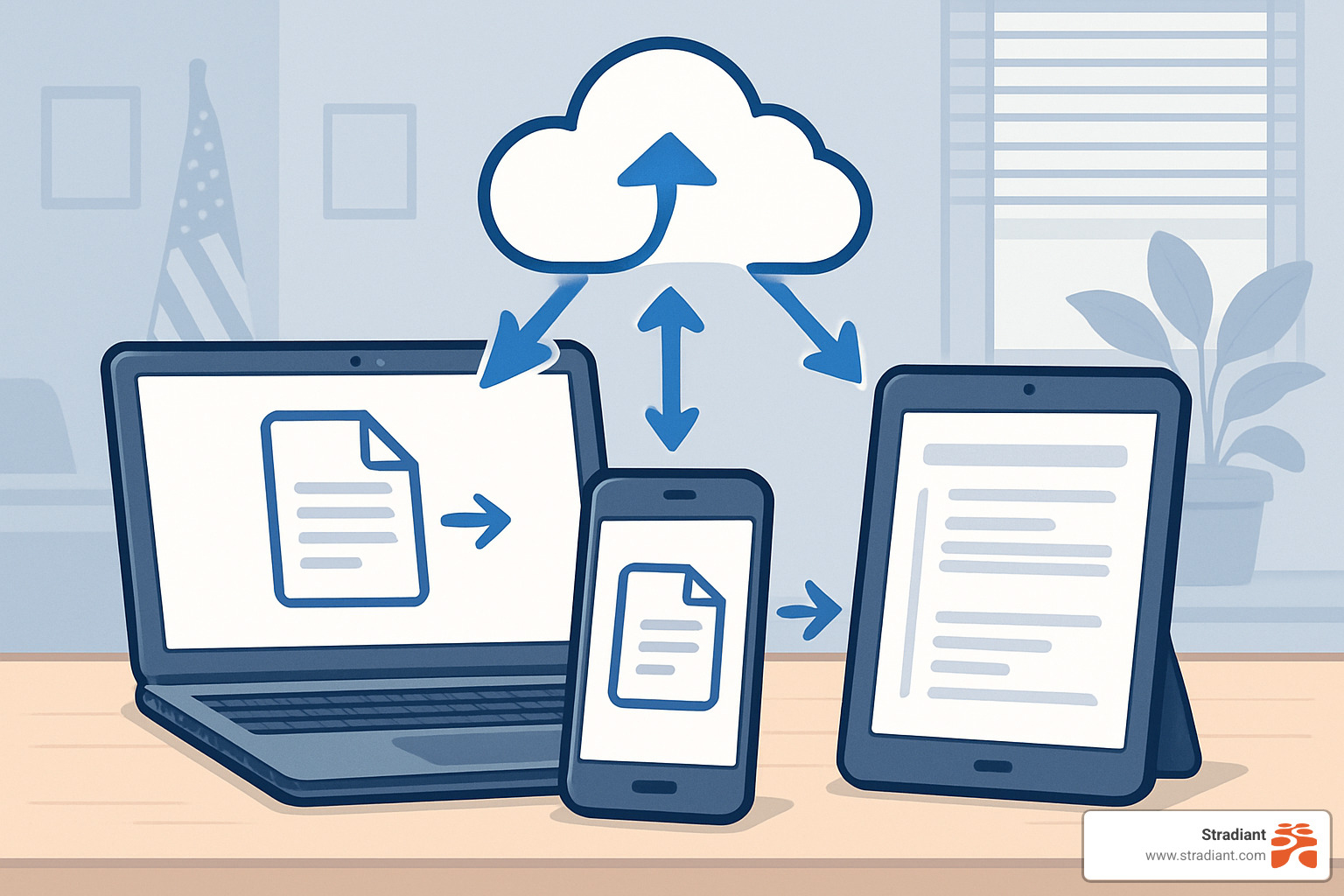 laptop phone cloud sync illustration showing data flowing between devices through cloud storage - how to backup data