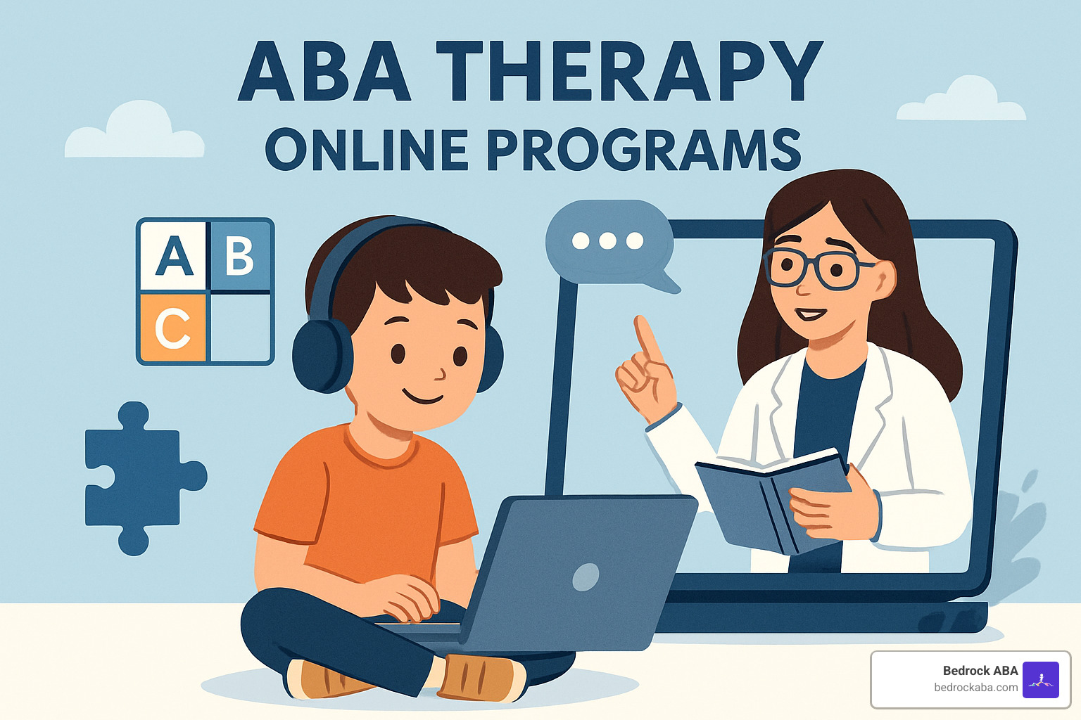 Virtual ABA therapy session setup showing computer screen, learning materials, and professional development resources - aba therapy online programs