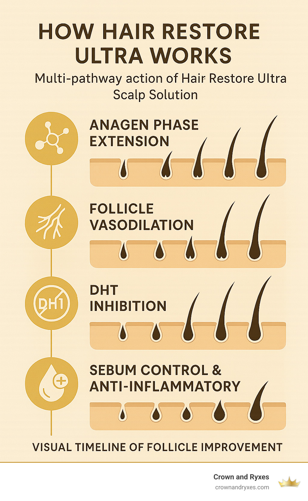 Multi-pathway action infographic showing how each ingredient targets different aspects of hair loss with visual timeline of follicle improvement - hair restore ultra scalp solution infographic 