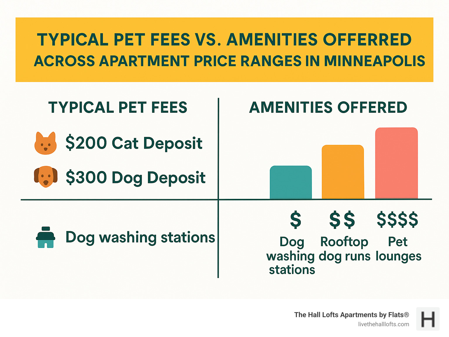 Infographic comparing typical pet fees versus amenities offered across different apartment price ranges in Minneapolis - dog friendly apartments minneapolis infographic 