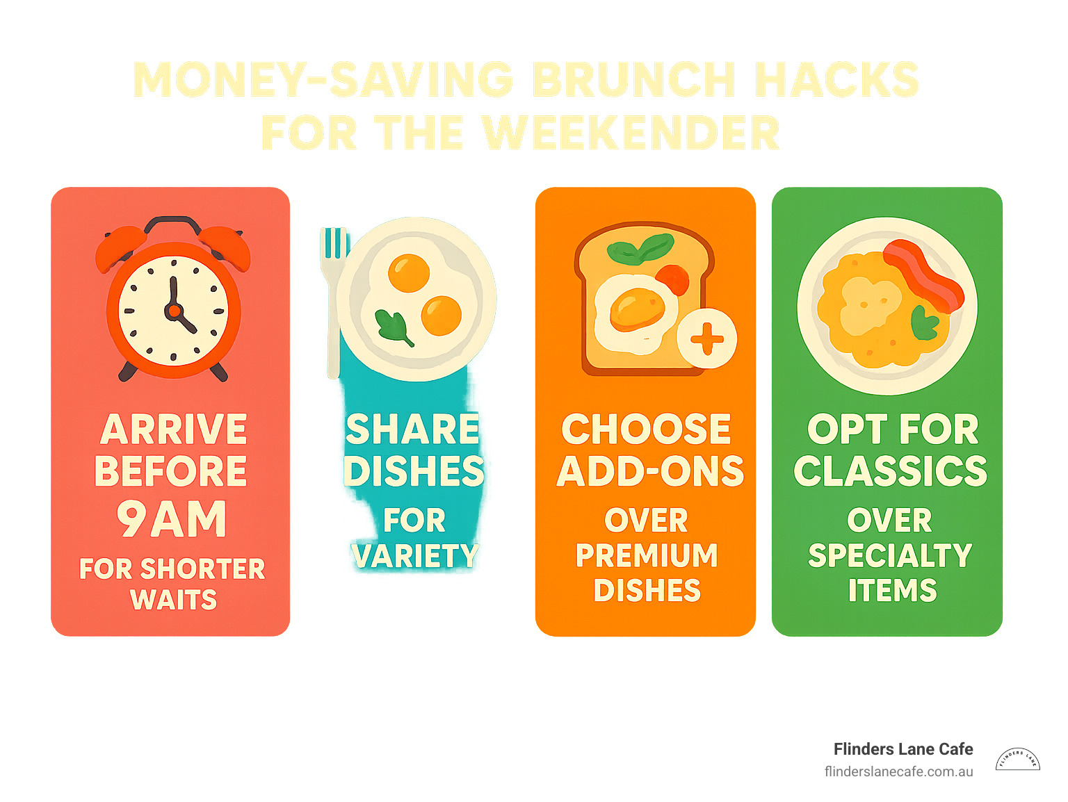infographic showing money-saving brunch tips: arrive before 9am for shorter waits, share dishes for variety, choose add-on customisation over premium dishes, opt for classic preparations over specialty items - affordable brunch near me infographic 