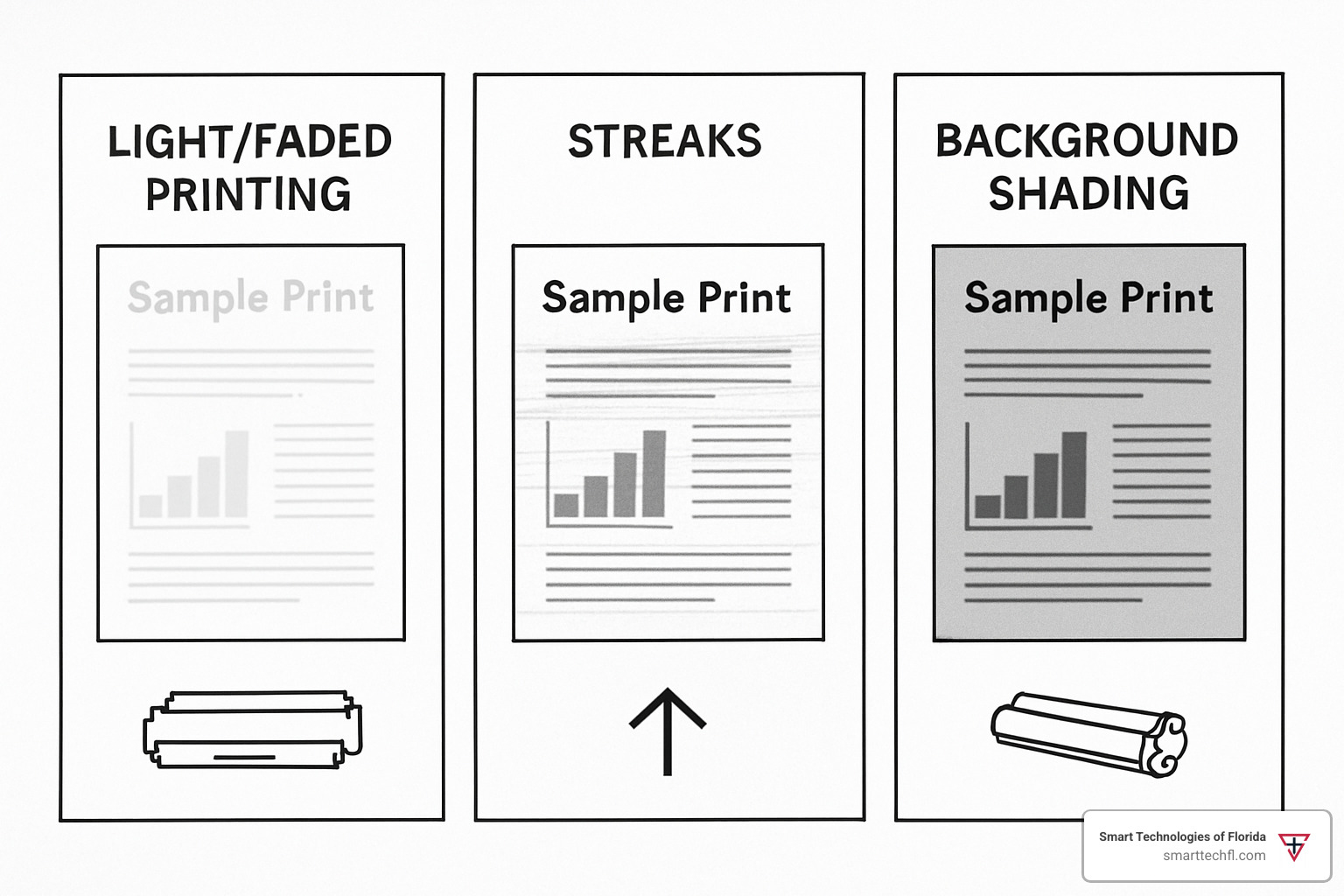 Sample print outputs showing common toner refill issues like light printing, streaking, and background shading with visual troubleshooting guide - laser printer toner refill powder