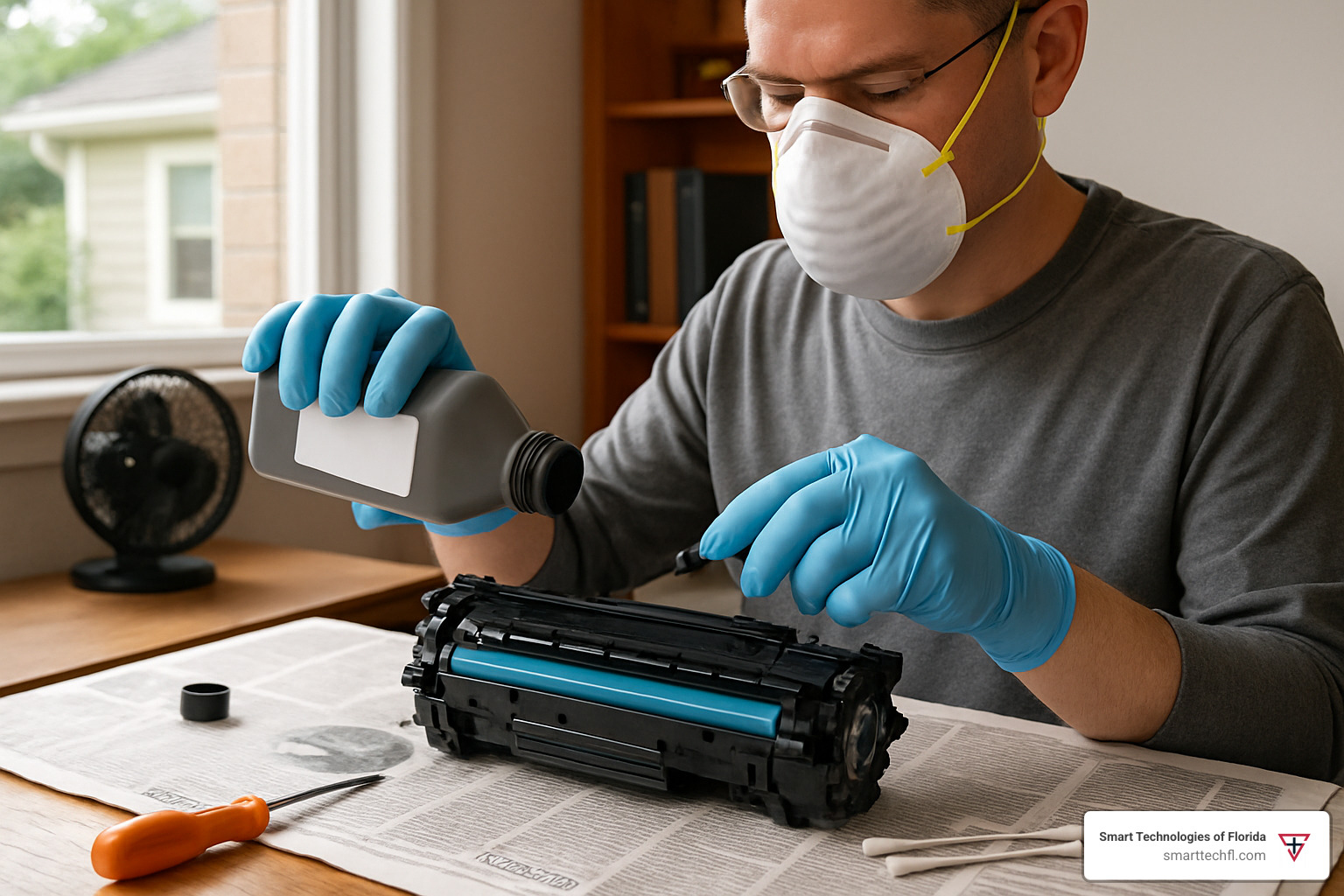 Proper safety setup for toner refilling including gloves, mask, ventilated workspace, and protective covering - laser printer toner refill powder