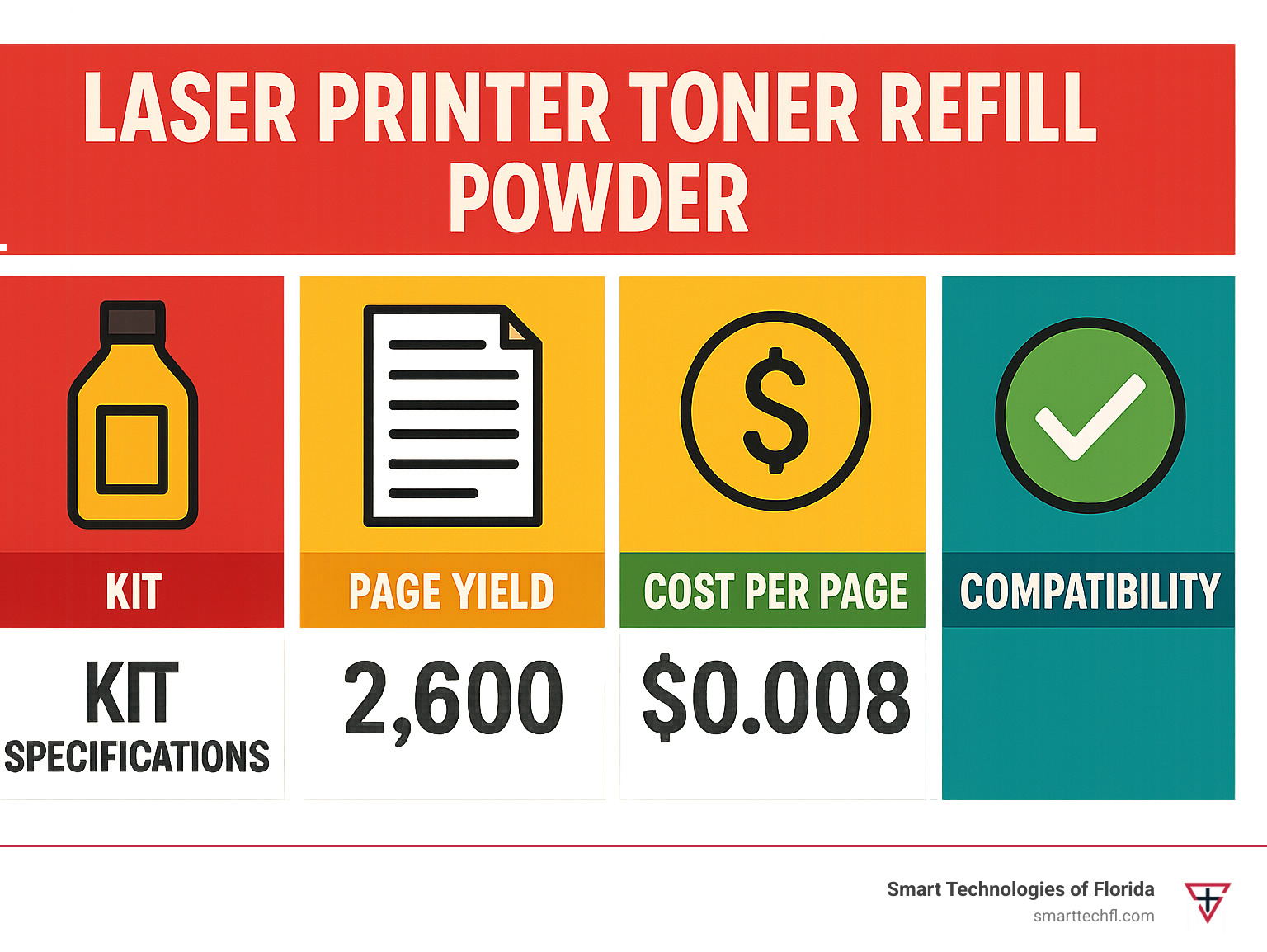 Comprehensive comparison infographic showing different toner refill kit specifications, page yields, cost per page calculations, and compatibility ratings - laser printer toner refill powder infographic 