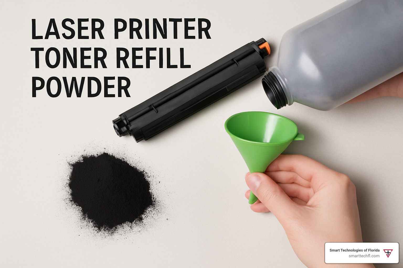 Different types of toner powder bottles and refill kits arranged on a desk - laser printer toner refill powder