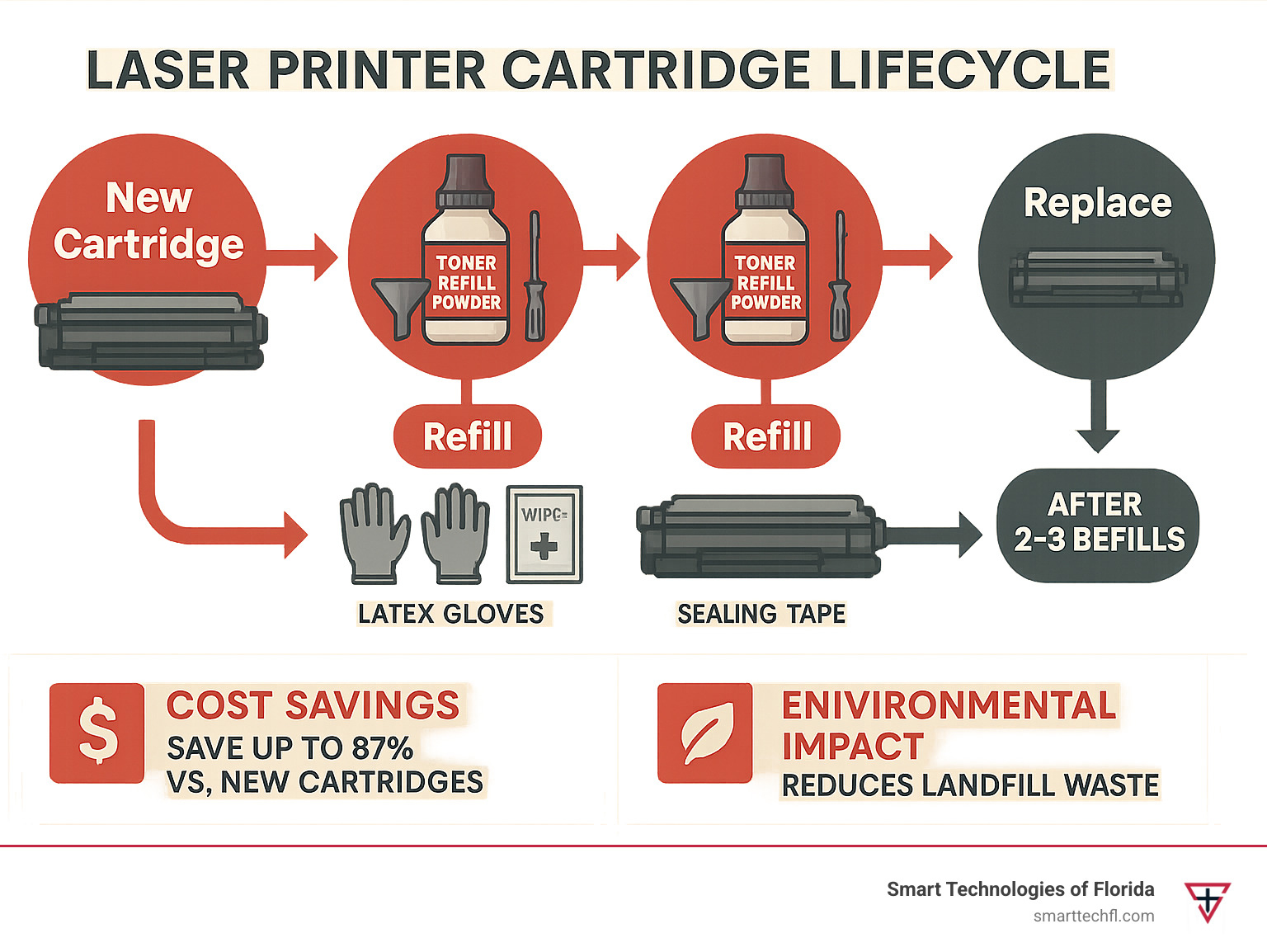 Detailed infographic showing the complete laser printer cartridge lifecycle from new purchase through multiple refill cycles, including cost savings breakdown, environmental impact reduction, tools needed for refilling, and when to finally replace the cartridge - laser printer toner refill powder infographic 