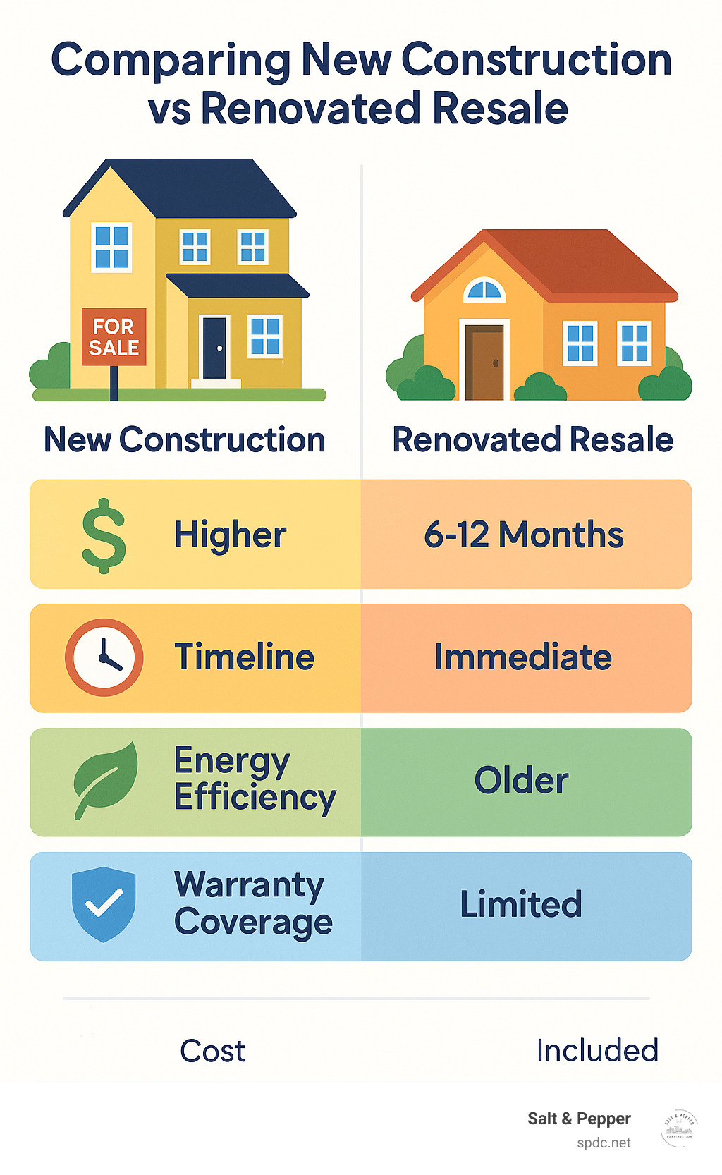 Infographic comparing new construction versus renovated resale homes showing costs, timelines, energy efficiency, and warranty coverage - home for sale in tampa florida infographic