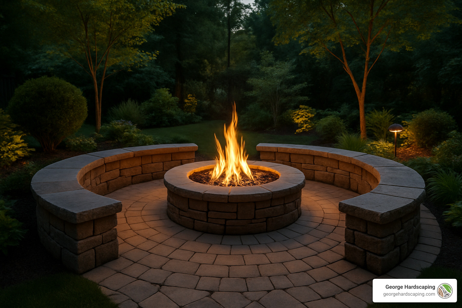 outdoor fire pit with stone seating - Backyard hardscape ideas
