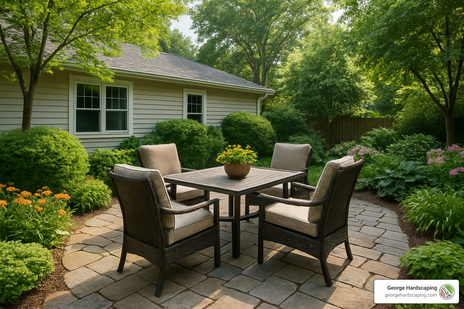 stone patio with outdoor furniture - Backyard hardscape ideas