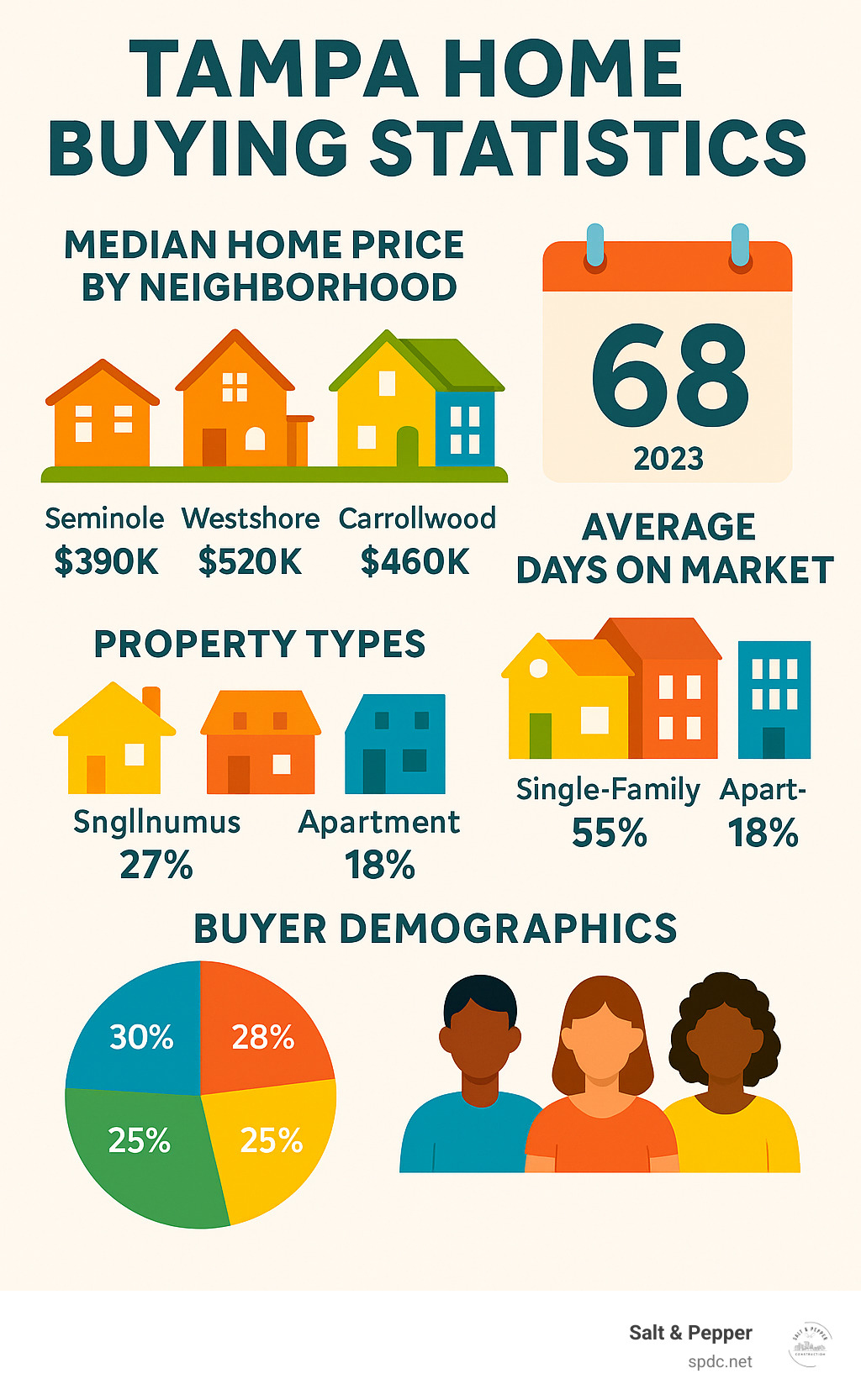 Infographic showing Tampa home buying statistics including median prices by neighborhood, average days on market, property types available, and buyer demographics for 2025 - home for sale in tampa florida infographic 