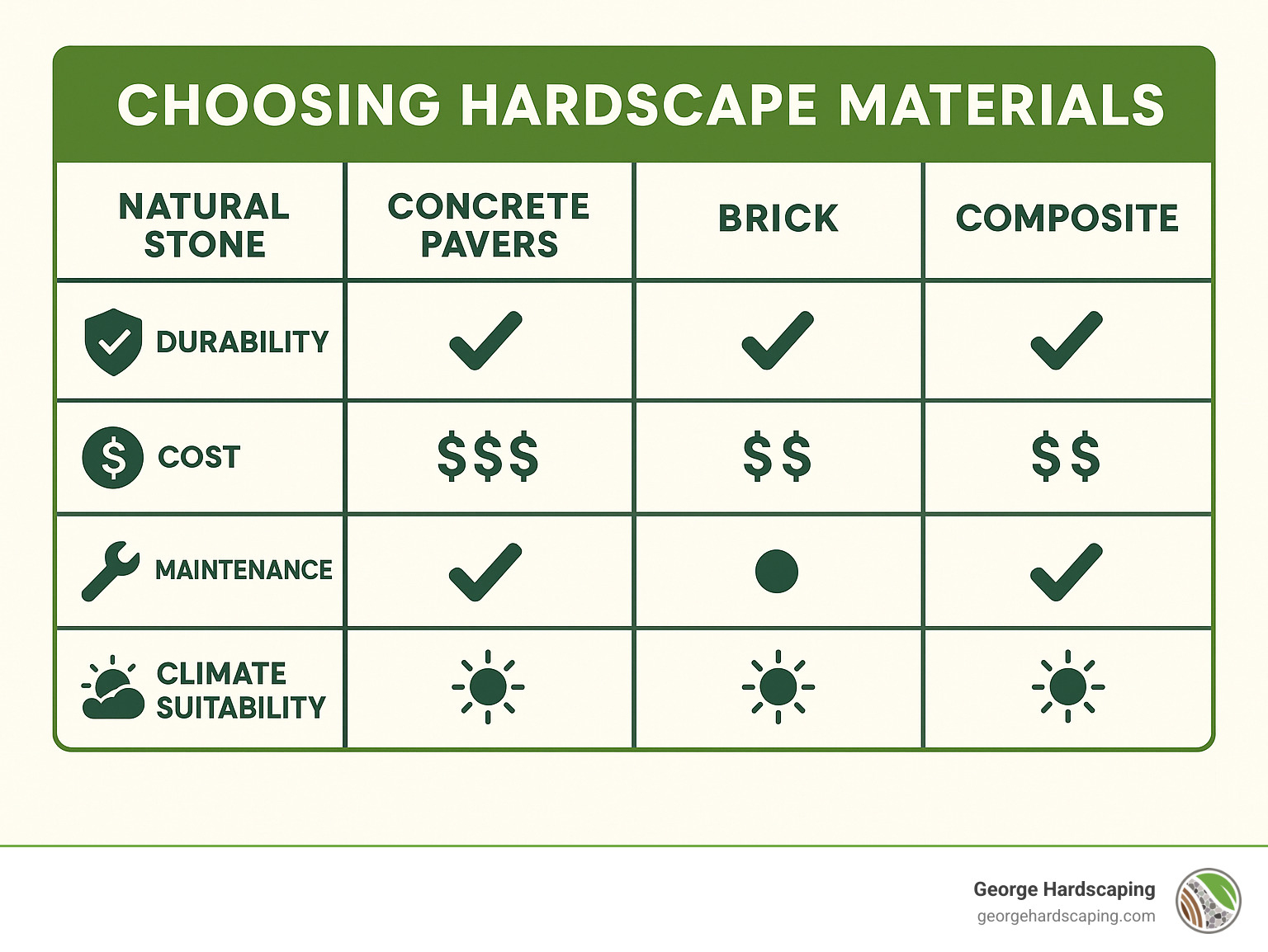 Comparison chart showing durability, cost, maintenance requirements, and climate suitability for different hardscape materials including natural stone, concrete pavers, brick, and composite materials - Backyard hardscape ideas infographic 