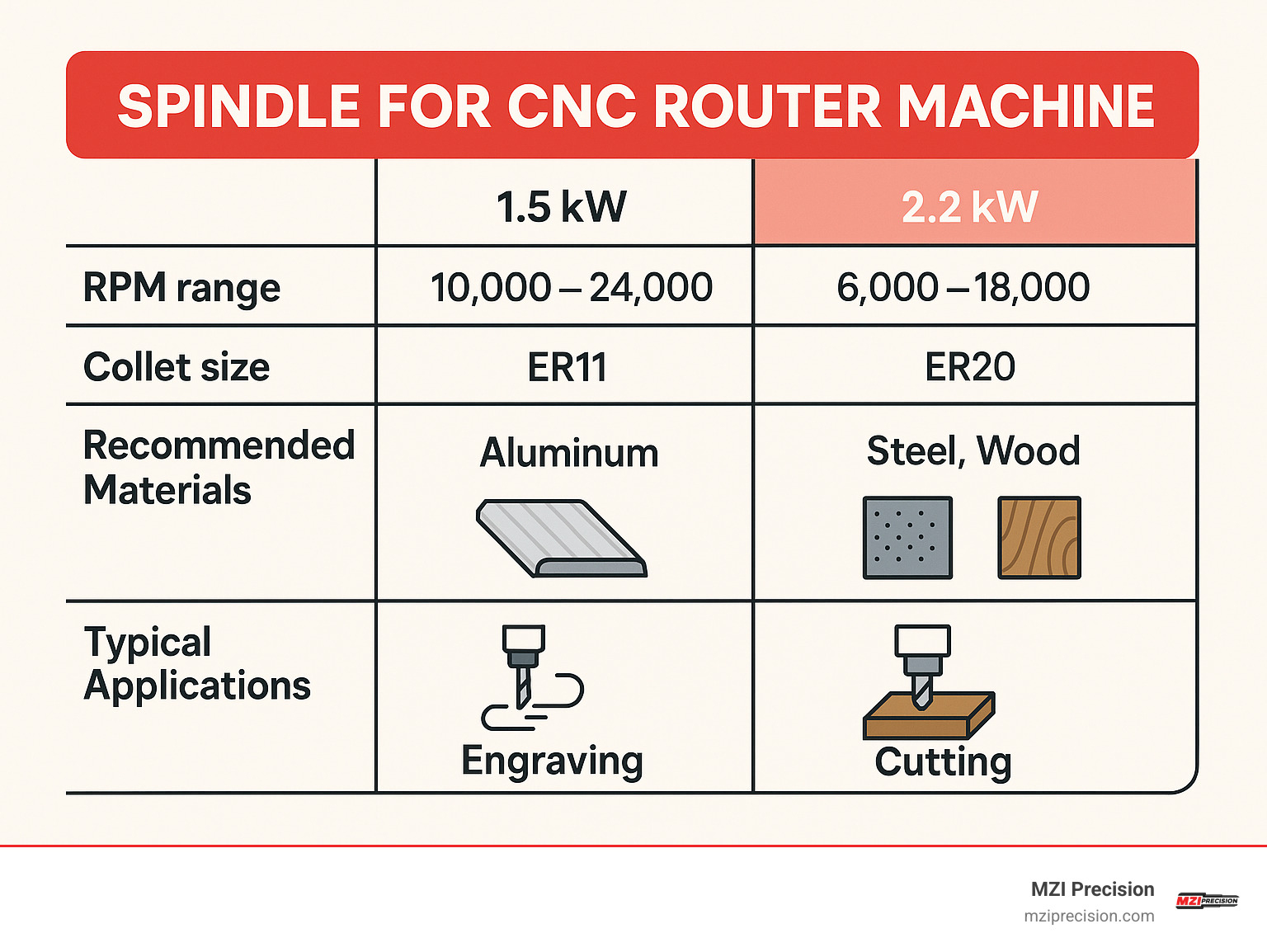 Comparison table showing 1.5kW vs 2.2kW spindle specifications including power consumption, RPM range, collet size, recommended materials, and typical applications - spindle for cnc router machine infographic