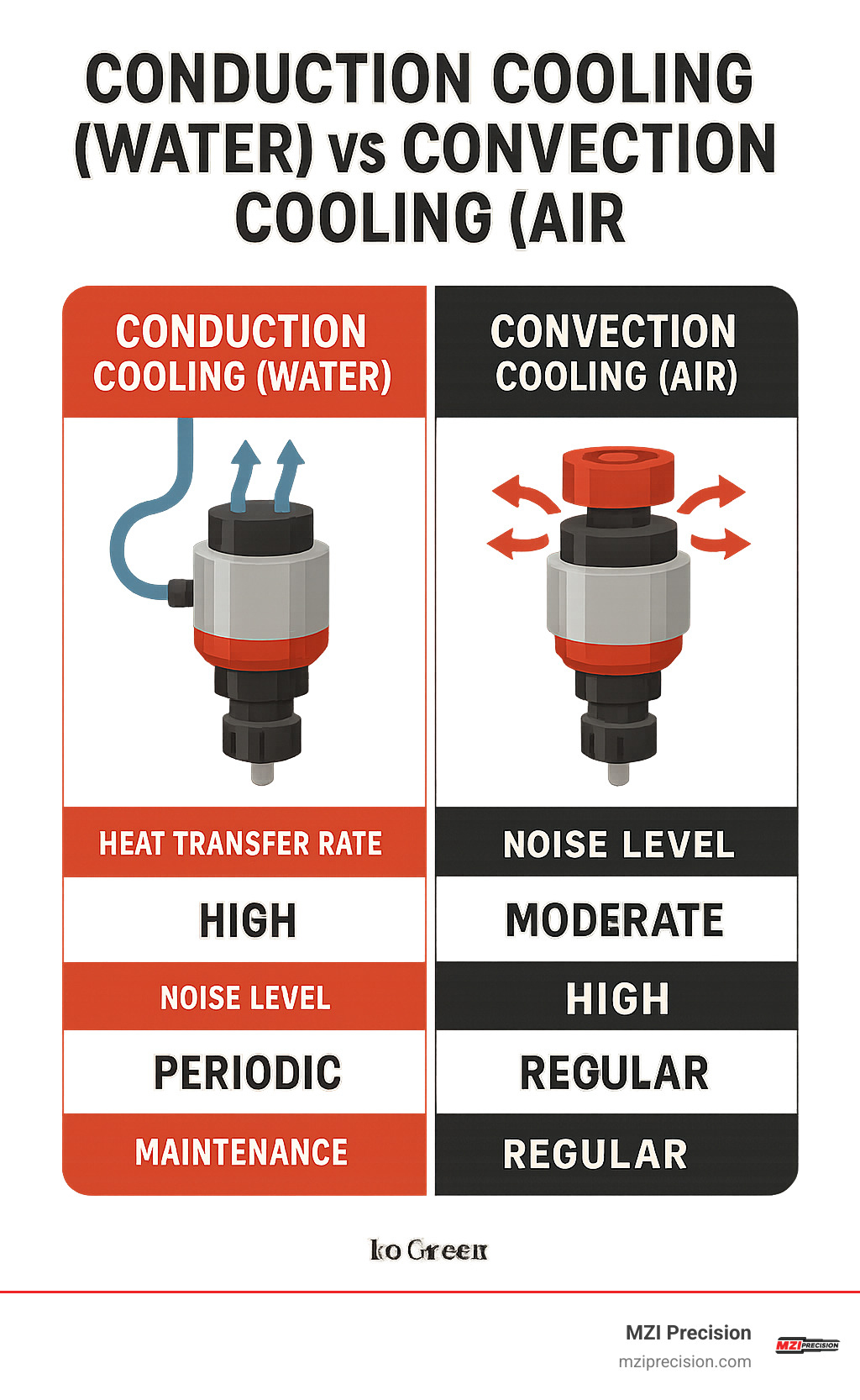 Comparison infographic showing conduction cooling (water) vs convection cooling (air) with heat transfer rates, noise levels, and maintenance requirements - spindle for cnc router machine infographic