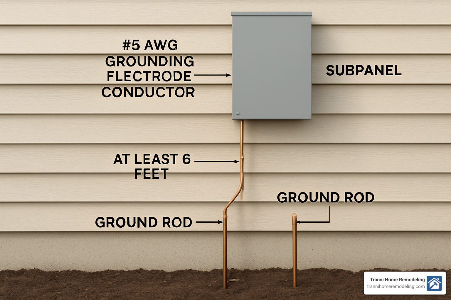 Grounding electrode system showing two ground rods spaced 6 feet apart with grounding electrode conductor connection to subpanel - 100 amp breaker box wiring
