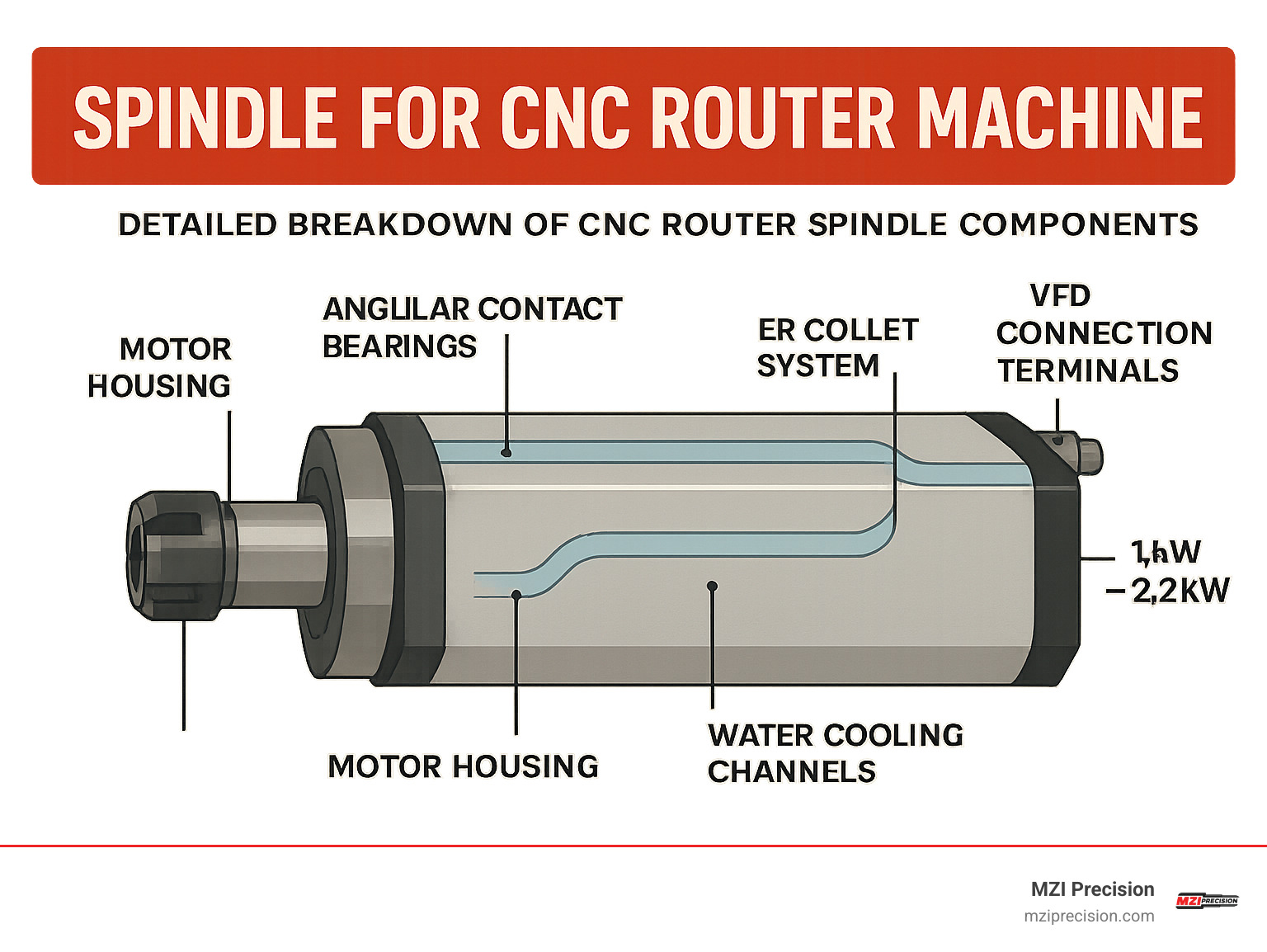 Detailed breakdown of CNC router spindle components showing motor housing, angular contact bearings, ER collet system, water cooling channels, and VFD connection terminals with power ratings from 1.5kW to 2.2kW - spindle for cnc router machine infographic