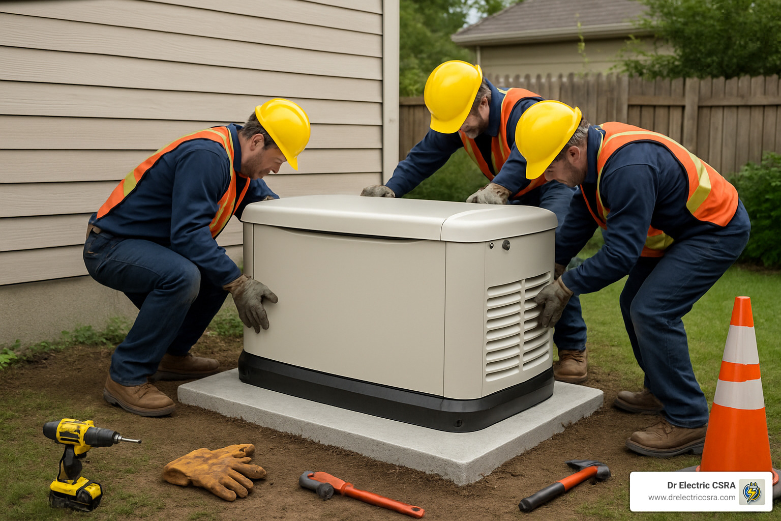 Three technicians in safety gear installing a whole home generator on a concrete pad, with tools and safety cones nearby, emphasizing professional installation services by Dr Electric CSRA.