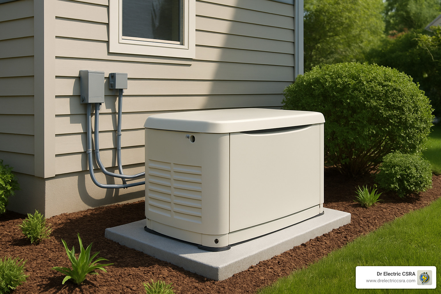 Whole home generator installed outside a house, featuring electrical connections and a concrete pad, highlighting backup power solutions for homeowners.