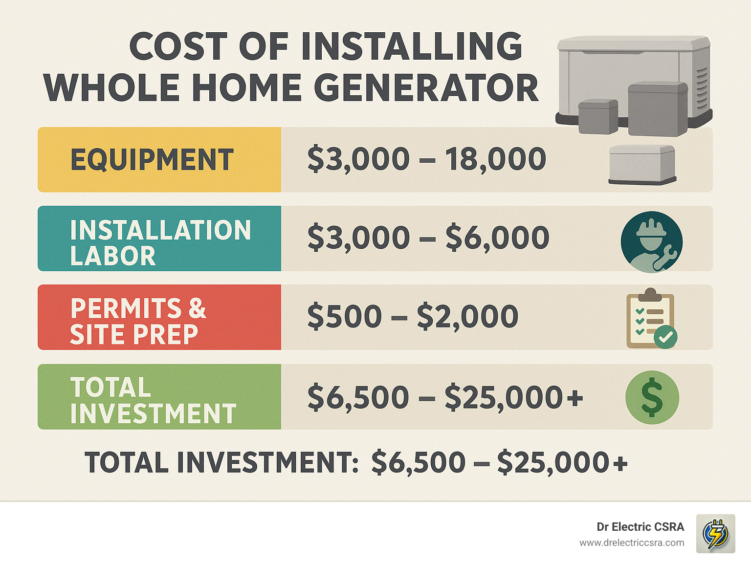 Cost breakdown for installing whole home generator, detailing equipment, installation labor, permits, and total investment, with visuals representing financial aspects and services by Dr Electric CSRA.
