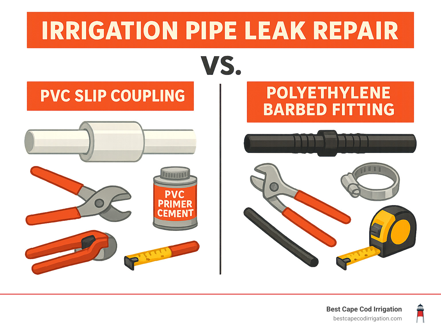 Comparison infographic showing PVC slip coupling repair versus polyethylene barbed fitting repair methods with tools and materials needed for each - irrigation pipe leak repair infographic 