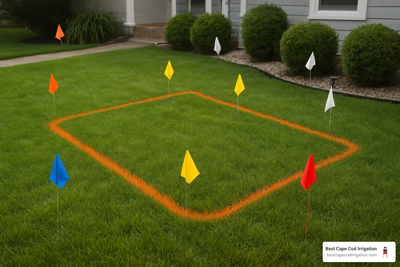 marked lawn with utility flags and excavation area outlined for safe digging - irrigation pipe leak repair