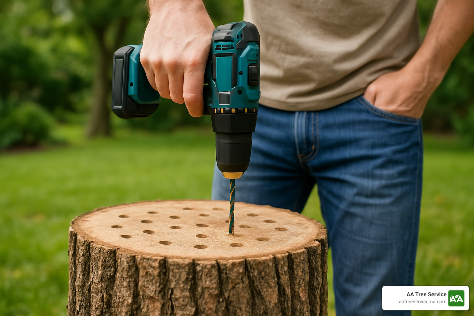 Demonstration of proper hole drilling technique for stump treatment - natural stump removal Demonstration of proper hole drilling technique for stump treatment - natural stump removal