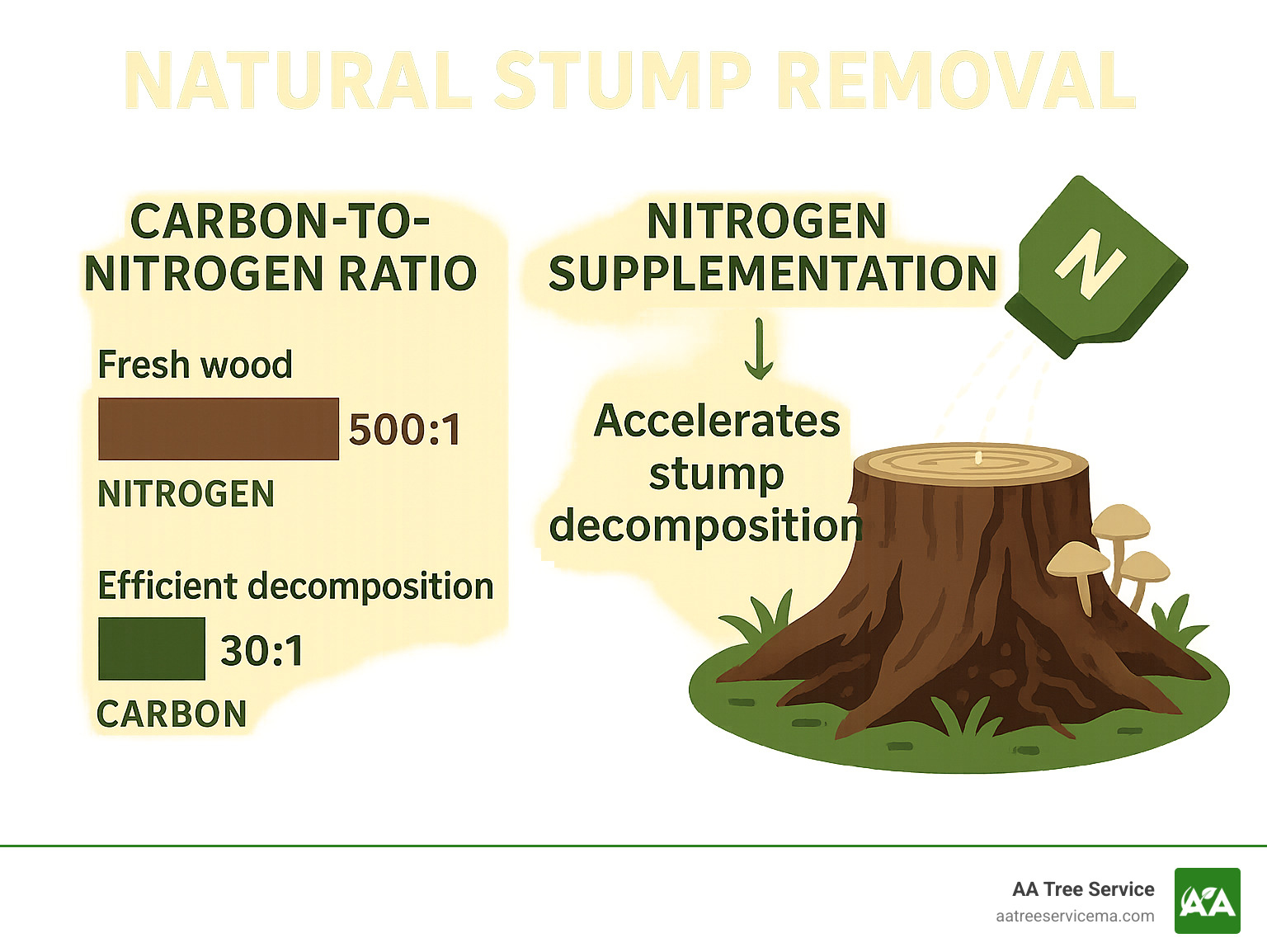 Detailed infographic showing the carbon-to-nitrogen ratio and how nitrogen supplementation accelerates stump decomposition - natural stump removal infographic Detailed infographic showing the carbon-to-nitrogen ratio and how nitrogen supplementation accelerates stump decomposition - natural stump removal infographic
