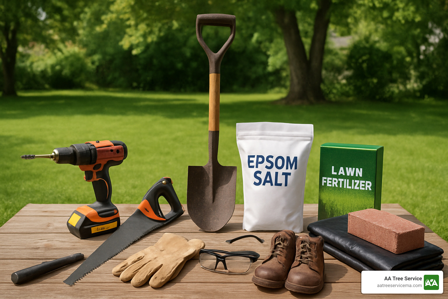 Essential tools and materials laid out for natural stump removal project - natural stump removal Essential tools and materials laid out for natural stump removal project - natural stump removal