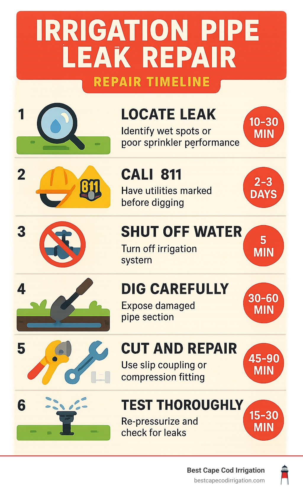 Detailed infographic showing irrigation pipe leak repair timeline from detection through testing, including tools needed, safety steps, and estimated time for each phase - irrigation pipe leak repair infographic 