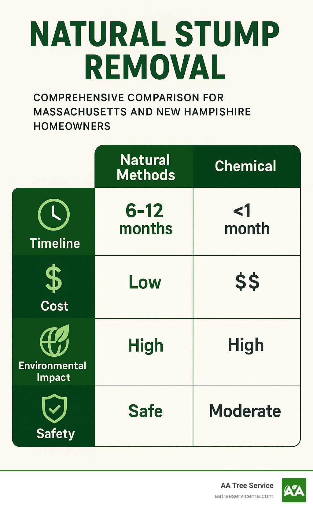 Comprehensive comparison chart showing natural stump removal methods versus chemical and mechanical options, including timelines, costs, environmental impact, and safety considerations for Massachusetts and New Hampshire homeowners - natural stump removal infographic Comprehensive comparison chart showing natural stump removal methods versus chemical and mechanical options, including timelines, costs, environmental impact, and safety considerations for Massachusetts and New Hampshire homeowners - natural stump removal infographic
