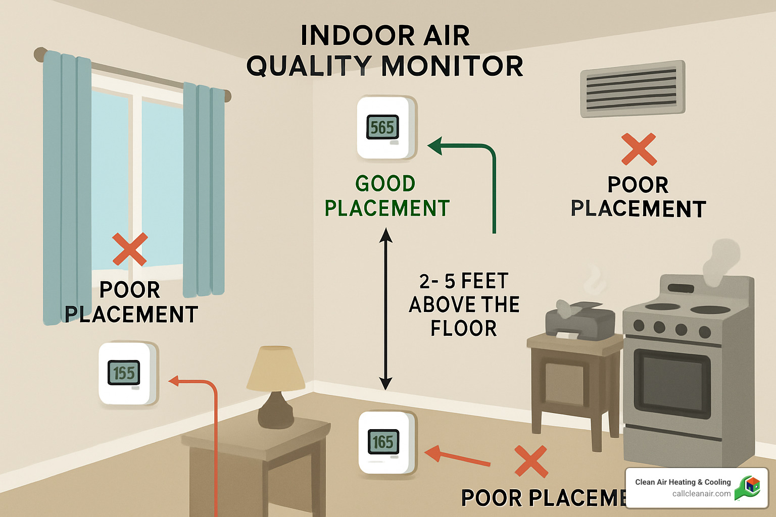 Indoor air quality monitor placement guide showing proper positioning in breathing zone 3-6 feet above floor, away from vents and pollution sources, with examples of good and poor placement locations in a home setting - Air quality monitoring systems