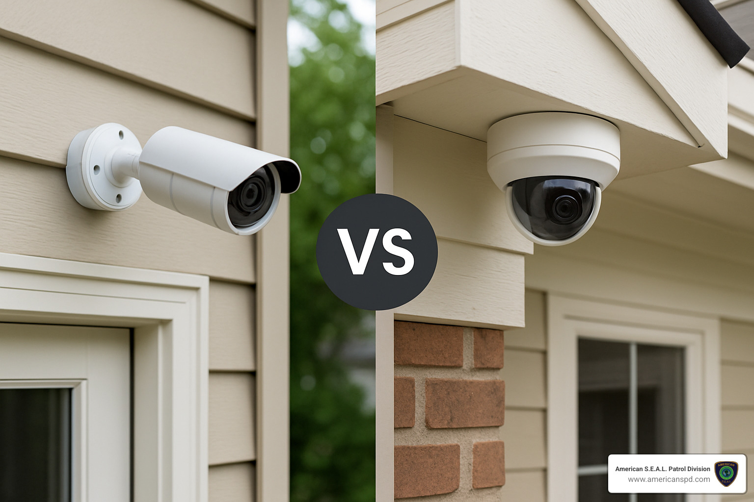 Comparison of bullet and dome camera types mounted on building exterior - cctv outside property