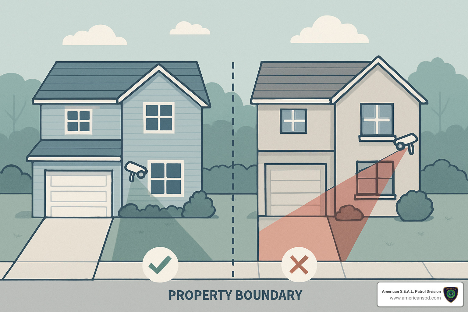 Correct vs incorrect camera positioning showing proper angles that capture property boundaries without invading neighbor privacy - cctv outside property