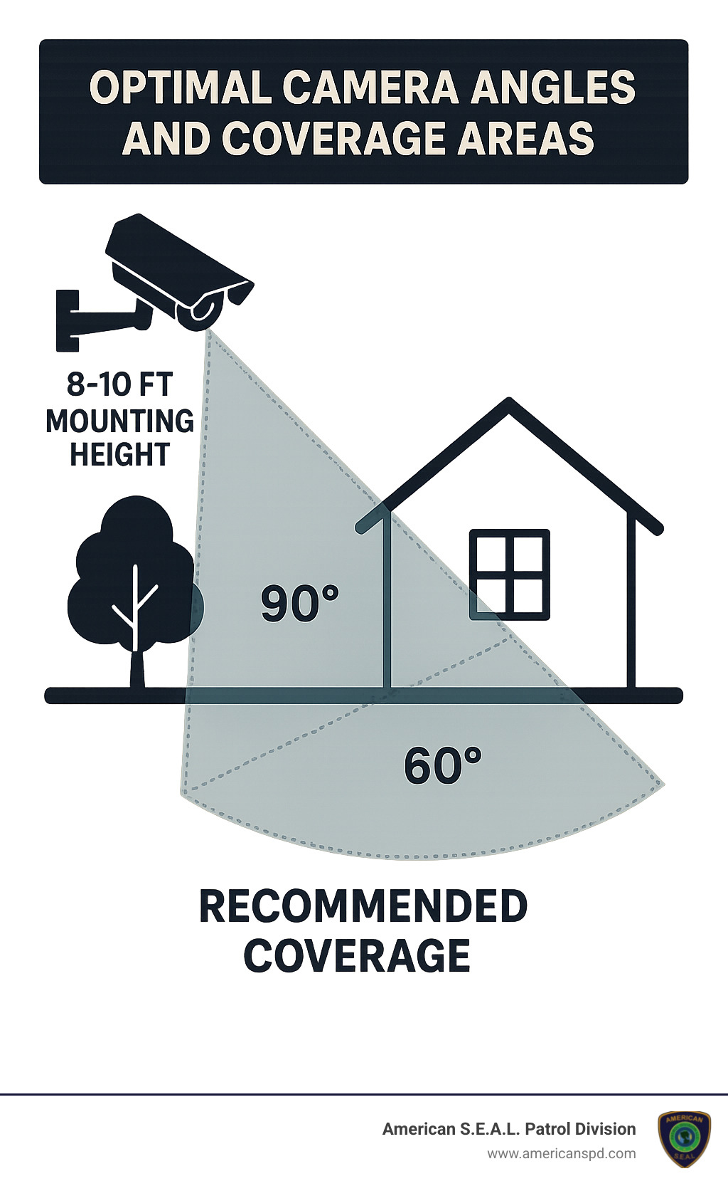 Infographic showing optimal camera angles and coverage areas with specific degree measurements and recommended mounting heights - cctv outside property infographic 