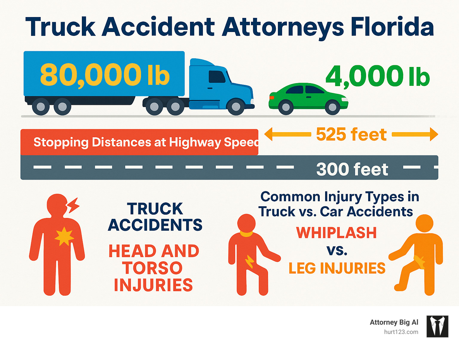 Detailed infographic showing size comparison between 80,000-pound truck versus 4,000-pound car, stopping distances at highway speeds, and common injury types in truck versus car accidents - truck accident attorney florida infographic