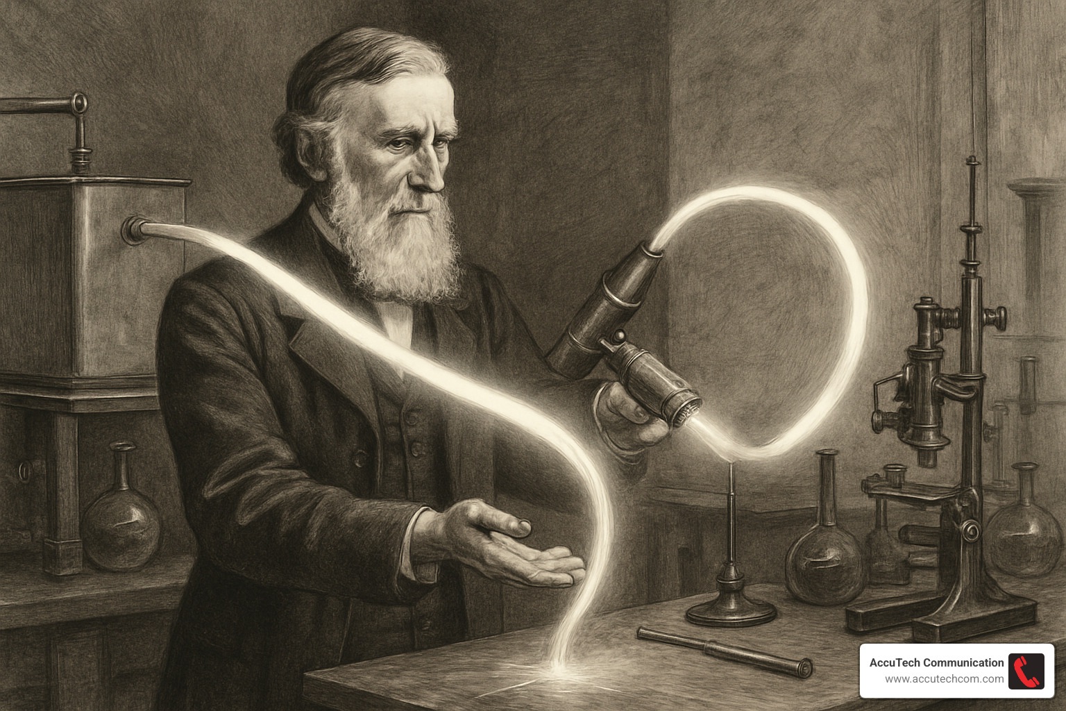 John Tyndall demonstrating light guidance through curved water stream - fiber optic technology history