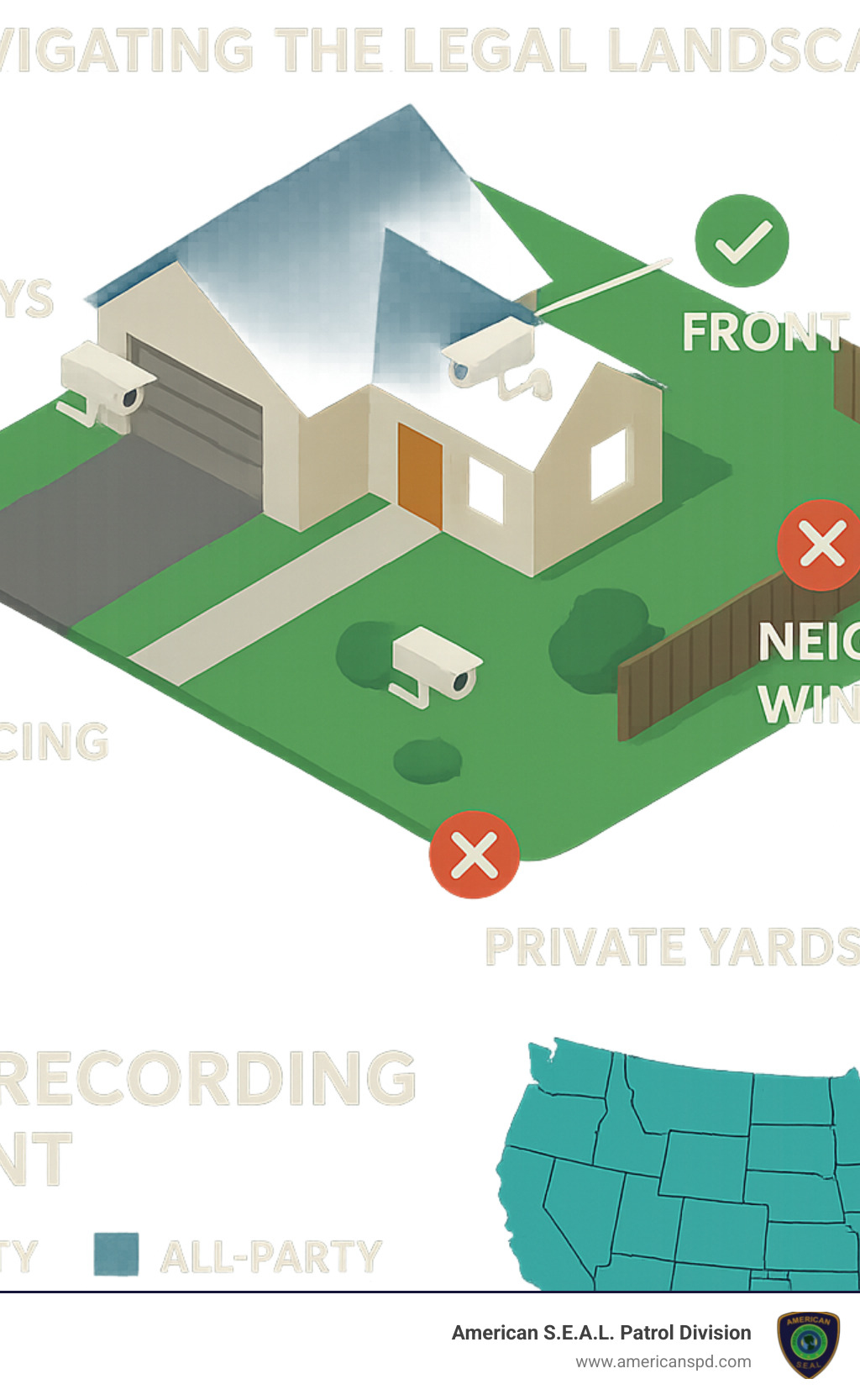 Infographic showing a residential property layout with green checkmarks over legally permissible camera locations like driveways, front doors, and public-facing areas, and red X marks over prohibited zones like neighbor windows, private yards, and areas with reasonable expectation of privacy, including a state-by-state breakdown of one-party vs all-party consent requirements for audio recording - cctv outside property infographic 