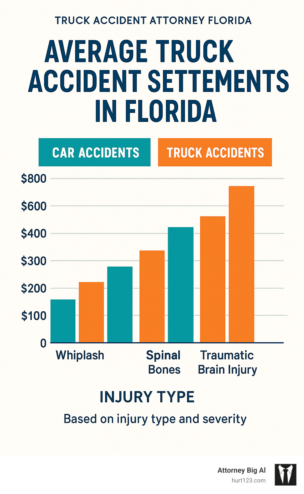 Statistical comparison chart showing average settlement amounts for car accidents versus truck accidents, broken down by injury type and severity - truck accident attorney florida infographic