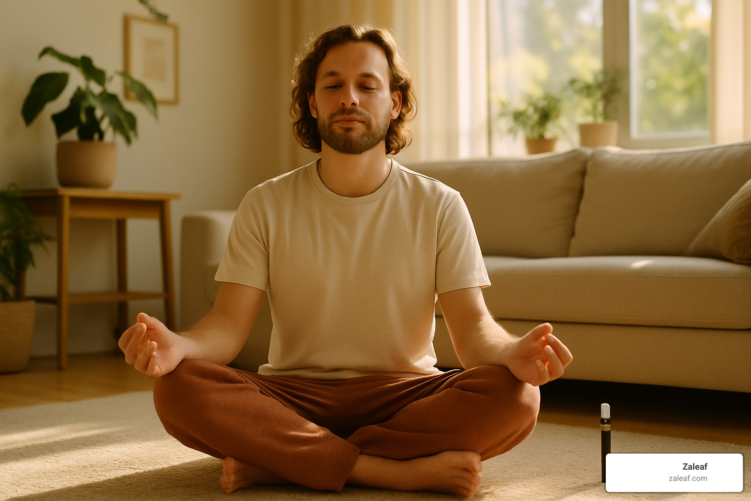 person meditating peacefully after using mushroom vape - mushroom extract vape