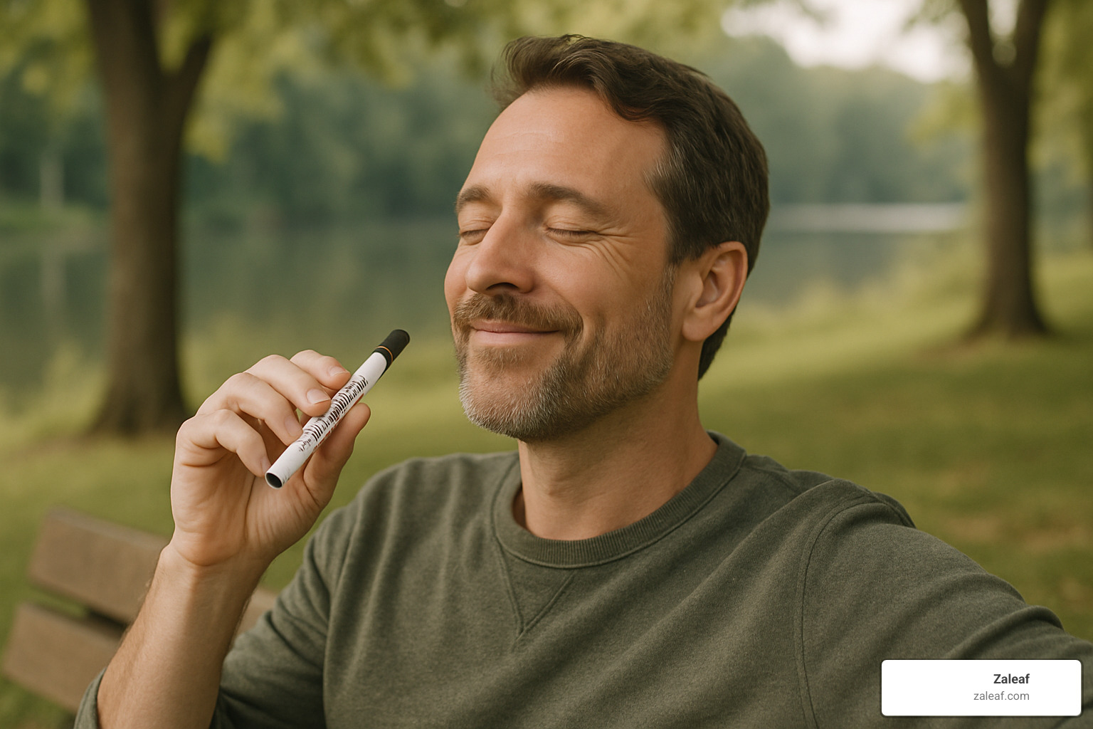 satisfied customer enjoying mushroom vape in peaceful setting - mushroom extract vape