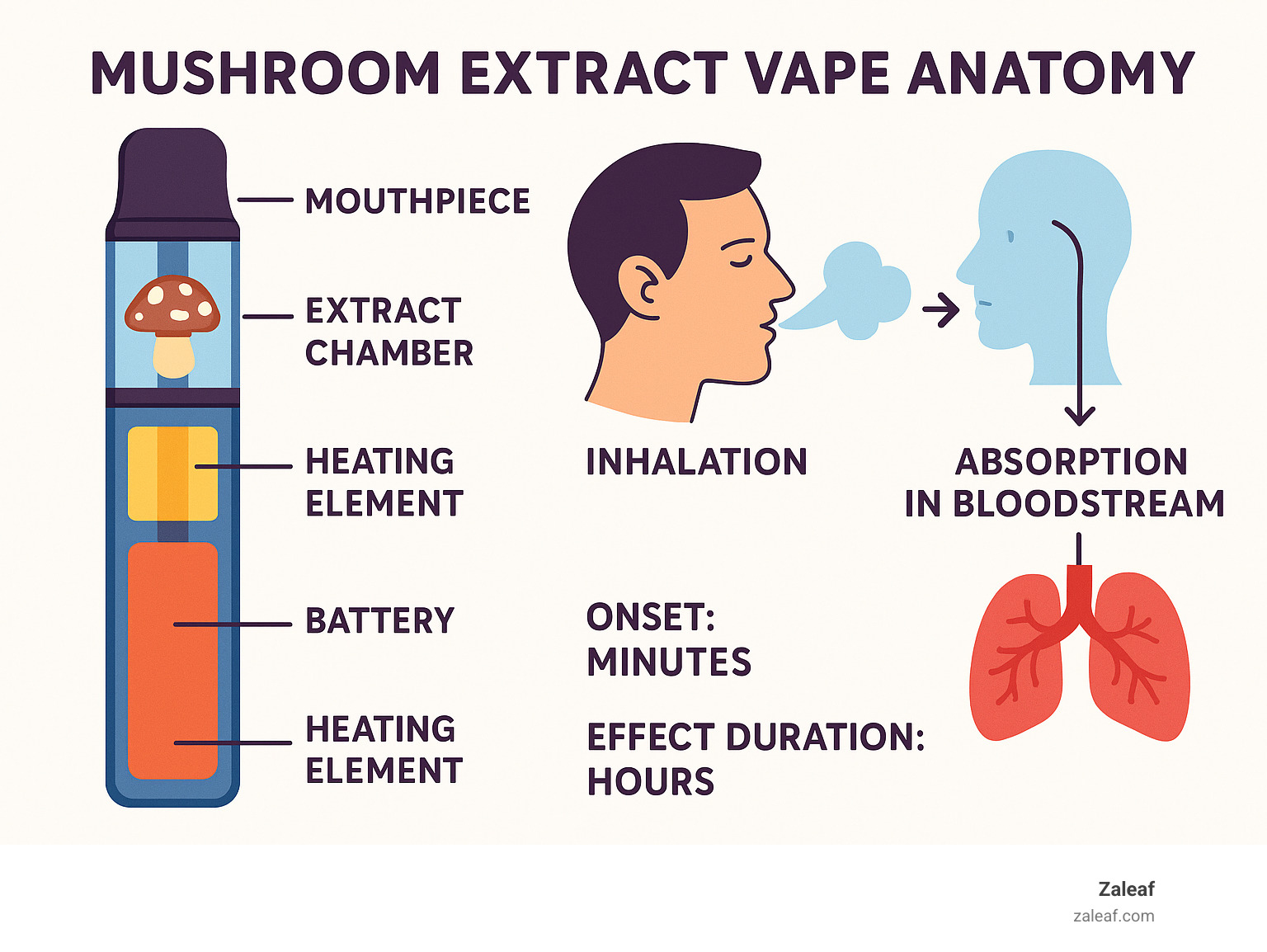 Comprehensive infographic showing mushroom extract vape anatomy including battery, heating element, extract chamber, mouthpiece, and workflow from inhalation to bloodstream absorption with onset timing and effect duration - mushroom extract vape infographic 