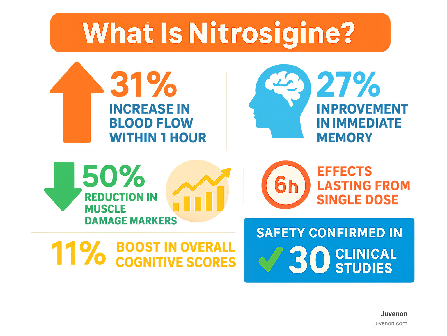 Statistical infographic showing Nitrosigine's research-backed benefits: 31% increase in blood flow within 1 hour, 50% reduction in muscle damage markers, 27% improvement in immediate memory, 11% boost in overall cognitive scores, effects lasting 6 hours from single dose, and safety confirmed in 30+ clinical studies - what is nitrosigine infographic 