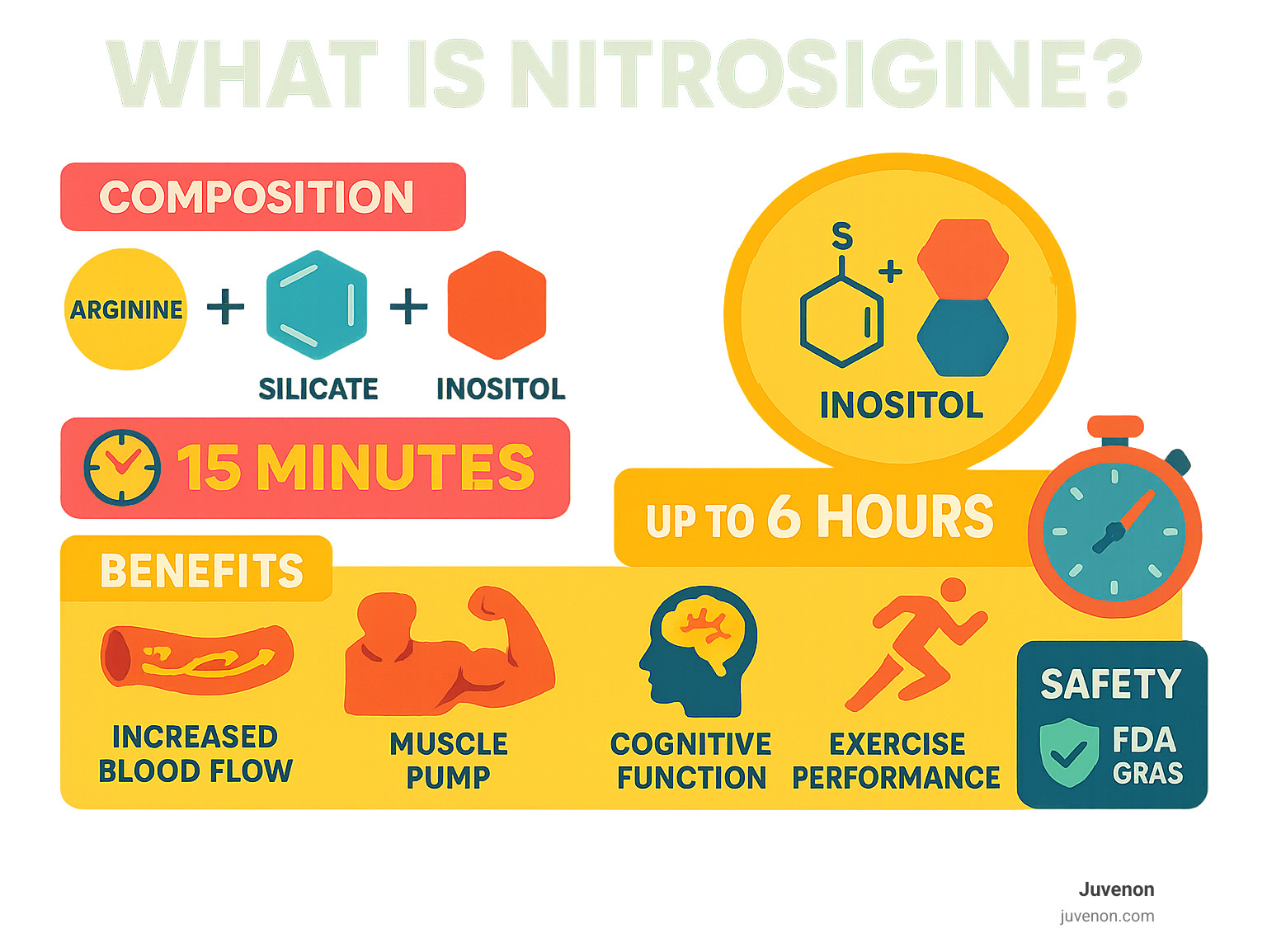 Comprehensive infographic showing Nitrosigine's composition as bonded arginine silicate with inositol, its 15-minute onset time leading to 6-hour duration of effects, key benefits including increased blood flow, muscle pump, cognitive function, and exercise performance, plus safety profile with FDA GRAS status and recommended 1500mg dosage - what is nitrosigine infographic 