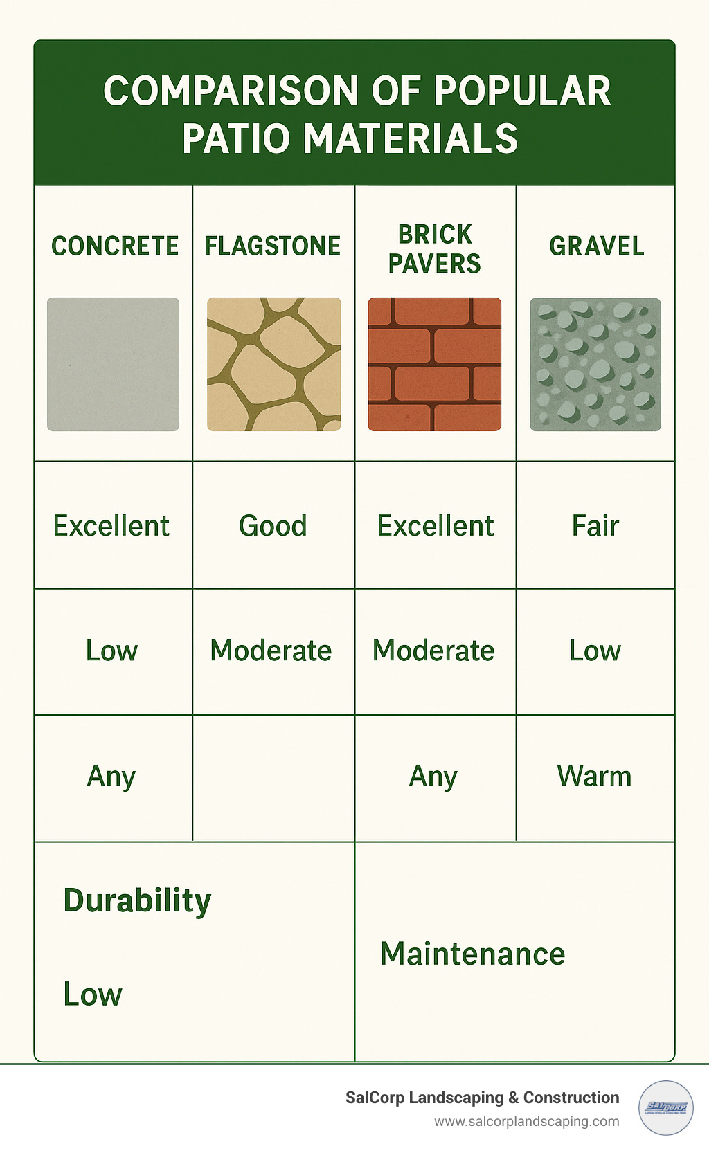 Comparison table showing popular patio materials with durability ratings, maintenance needs, and climate suitability - outdoor patio design infographic 