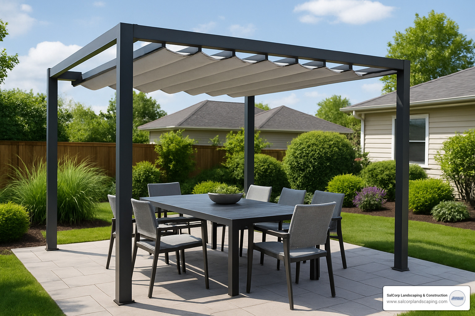Modern aluminum pergola with retractable canopy over outdoor dining area - outdoor patio design